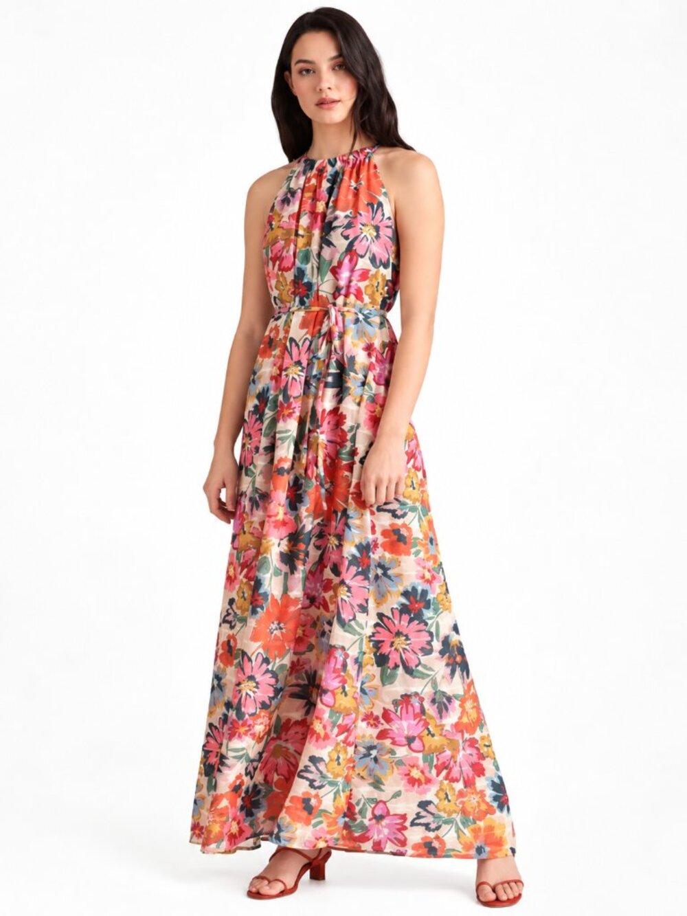 Maggy London Women 10 Floral Halter Maxi Dress Multicolor Belted Resort Boho